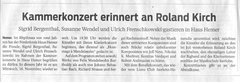 Kommerkonzert erinnert an Roland Kirch