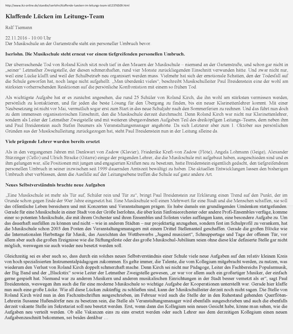 Klaffende Lücke im Leitungsteam der Musikschule Iserlohn